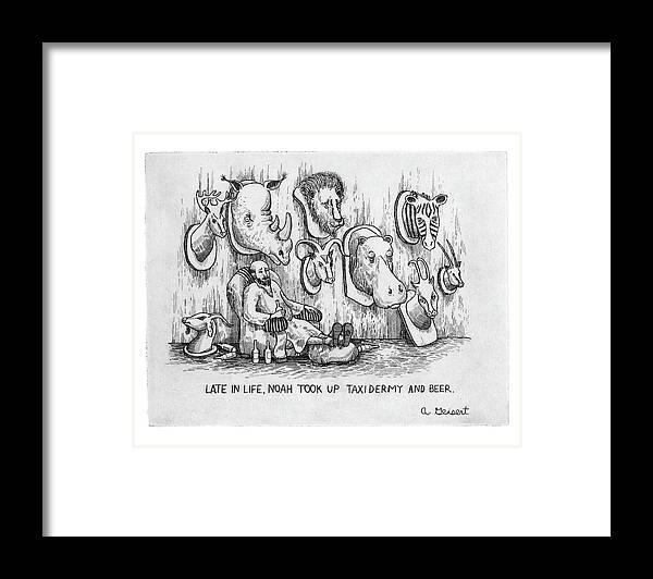 (noah In Room Filled With Animal Trophies And Empty Beer Bottles.)
Captionless Framed Print featuring the drawing Late In Life by Arthur Geisert