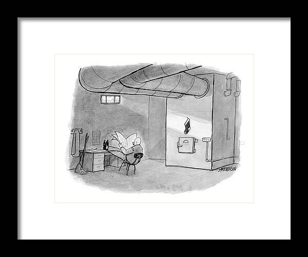 Holidays Interiors Workers

(janitor In A Basement With A Christmas Stocking Hanging On The Furnace.) 121760 Jpt Jason Patterson Framed Print featuring the drawing New Yorker December 26th, 2005 by Jason Patterson