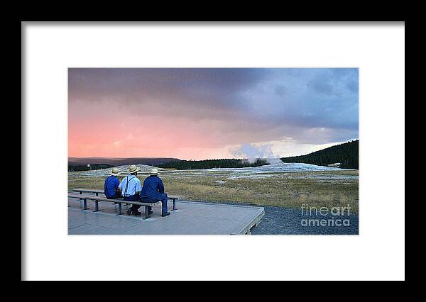 Old Faithful Framed Print featuring the photograph Waiting for Old Faithful Geyser at Sunset by Catherine Sherman