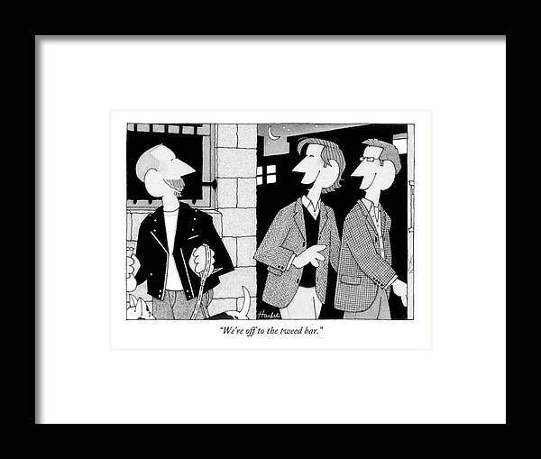 Urban Framed Print featuring the drawing We're Off To The Tweed Bar by William Haefeli