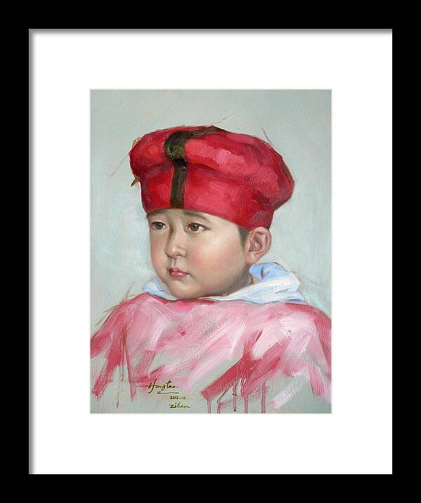Panel.baby Framed Print featuring the painting Original Oil Painting Art-cute Baby#16-2-5-20 by Hongtao Huang