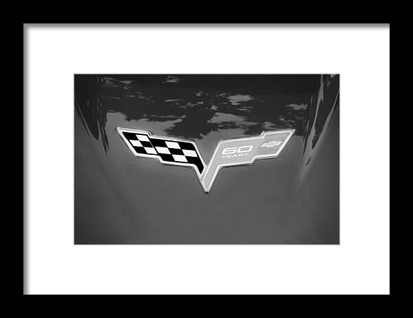 2013 Chevrolet Corvette Framed Print featuring the photograph 2013 Corvette Hood Logo Painted BW by Rich Franco