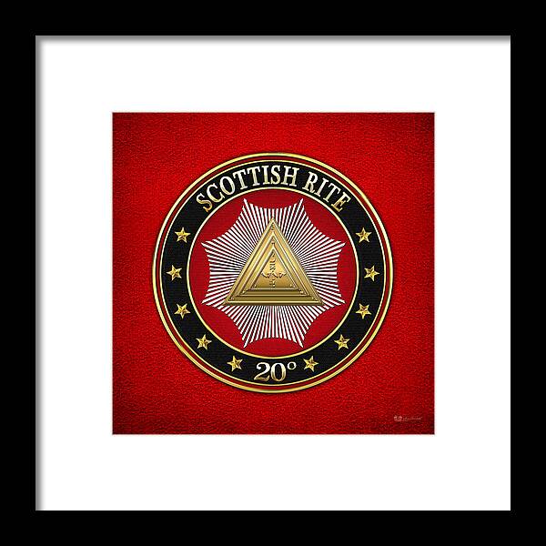 'scottish Rite' Collection By Serge Averbukh Framed Print featuring the digital art 20th Degree - Master of the Symbolic Lodge Jewel on Red Leather by Serge Averbukh