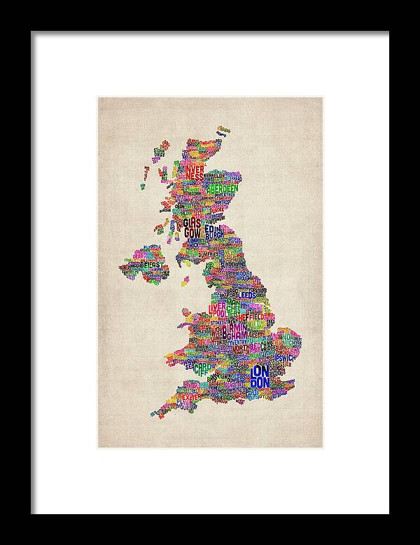 United Kingdom Framed Print featuring the digital art Great Britain UK City Text Map #22 by Michael Tompsett