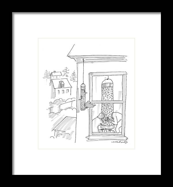 Food Low Cuisine Interiors 

(bird Perched On Bird Feeder Watches People Eating Out Of Large Bird Feeder In Their Apartment.) 120694 Mcr Michael Crawford Framed Print featuring the drawing New Yorker March 21st, 2005 by Michael Crawford