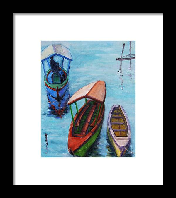 Landscape Framed Print featuring the painting 3 Boats III by Xueling Zou