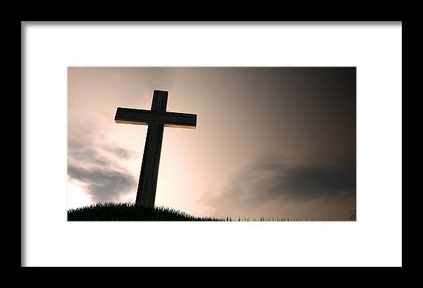 Cross Framed Print featuring the digital art Crucifix On A Hill At Dawn #3 by Allan Swart
