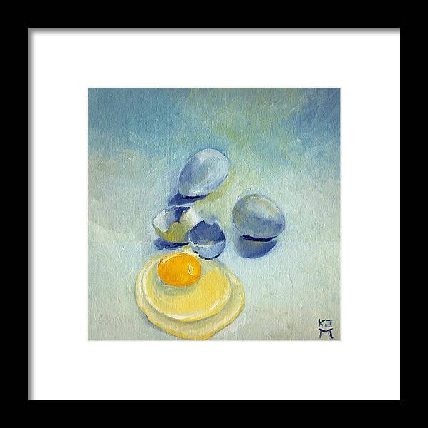 Eggs Framed Print featuring the painting 3 Eggs on Blue by Katherine Miller