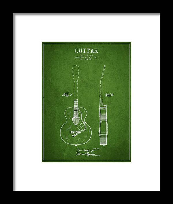Guitar Patent Framed Print featuring the digital art Gretsch guitar patent Drawing from 1941 - Green by Aged Pixel