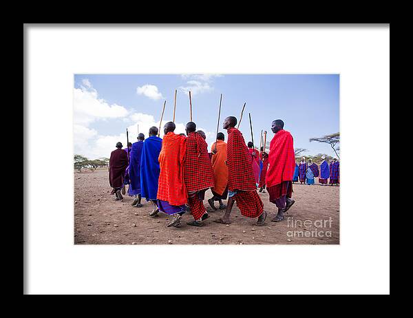 Village Framed Print featuring the photograph Maasai men in their ritual dance in their village in Tanzania #3 by Michal Bednarek