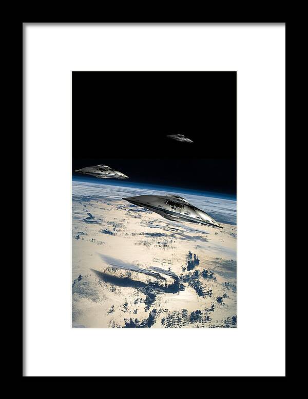 Area 51 Framed Print featuring the photograph Spaceships In Orbit Over Earth #3 by Marc Ward