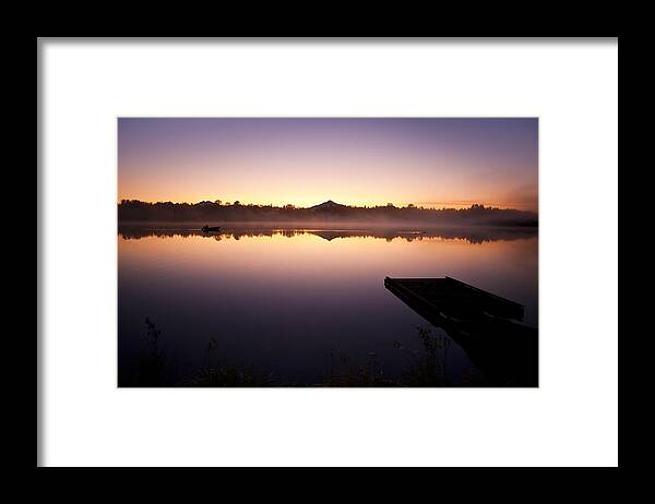 Landscape Framed Print featuring the photograph Sunrise in fog Lake Cassidy with fishermen in small fishing boat #4 by Jim Corwin