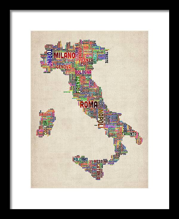 italy Map Framed Print featuring the digital art Text Map of Italy Map #4 by Michael Tompsett