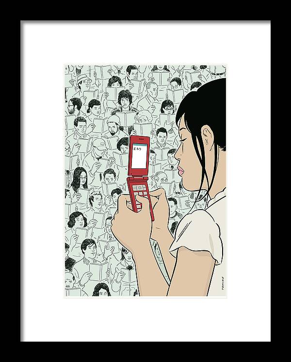 Texting Framed Print featuring the digital art New Yorker December 22nd, 2008 by Adrian Tomine