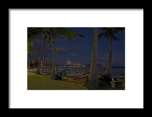 City Lights Honululu  Diamond Head Palmtrees Kayak Night Framed Print featuring the photograph Waikiki #3 by James Roemmling