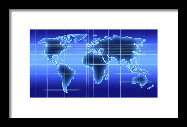 Blue Framed Print featuring the photograph World Map Illustration With Time Zones #3 by Alfred Pasieka