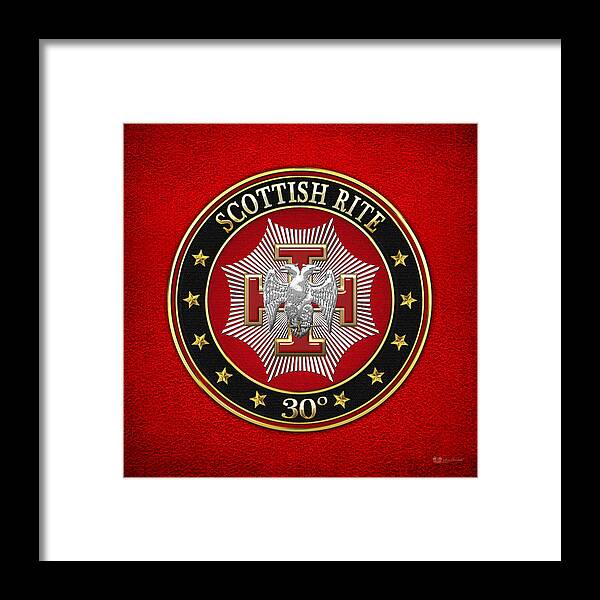 'scottish Rite' Collection By Serge Averbukh Framed Print featuring the digital art 30th Degree - Knight Kadosh Jewel on Red Leather by Serge Averbukh