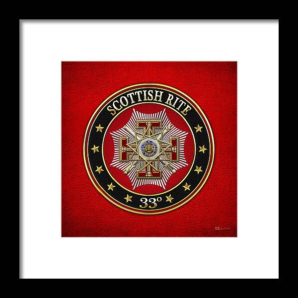 'scottish Rite' Collection By Serge Averbukh Framed Print featuring the digital art 33rd Degree - Inspector General Jewel on Red Leather by Serge Averbukh