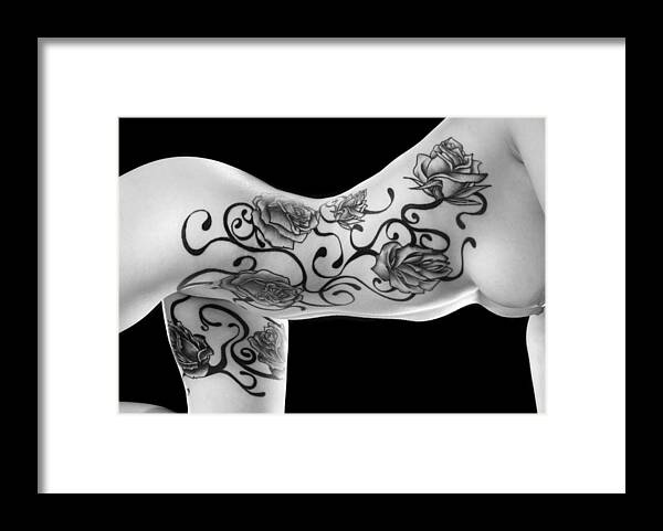 3682BW Black Rose Tattoo Side View with Full Breasts Framed Print