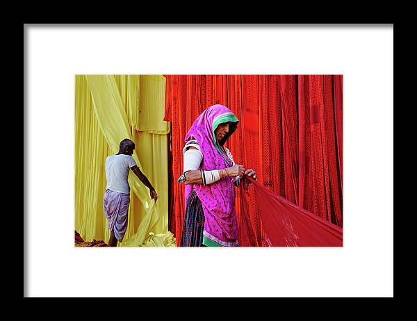 Three Quarter Length Framed Print featuring the photograph India, Rajasthan, Sari Factory #4 by Tuul & Bruno Morandi