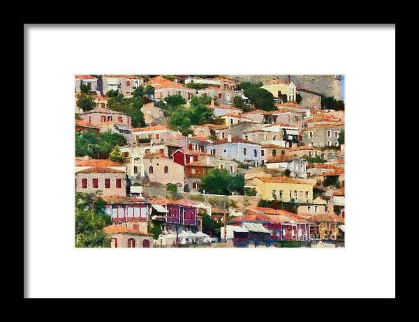Lesvos; Lesbos; Molyvos; Molivos; Mithymna; Methymna; Village; Town; Port; Harbor; Pattern; Islands; House; Houses; Greece; Island; Hellas; Greek; Aegean; Summer; Holidays; Vacation; Tourism; Touristic; Travel; Trip; Voyage; Journey; Paint; Painting; Paintings Framed Print featuring the painting Molyvos town in Lesvos island #10 by George Atsametakis