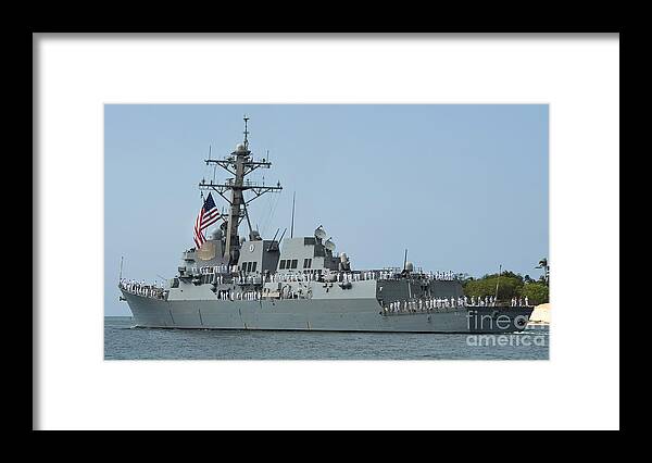 Military Framed Print featuring the photograph Sailors Man The Rails Aboard #4 by Stocktrek Images