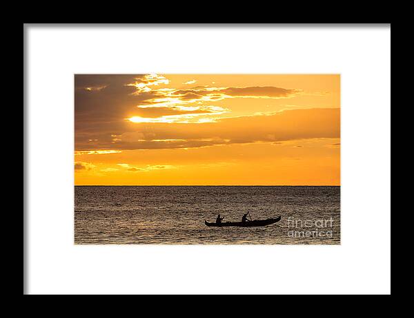 Hawaii Framed Print featuring the photograph Two men paddling a Hawaiian outrigger canoe at sunset Maui Hawaii USA #4 by Don Landwehrle