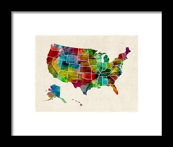 United States Map Framed Print featuring the digital art United States Watercolor Map by Michael Tompsett