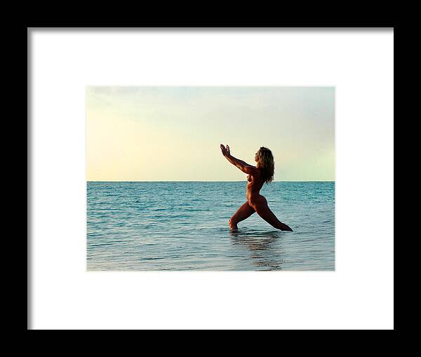Sunrise Framed Print featuring the photograph 4125 Nude Yoga at Sunrise by Chris Maher