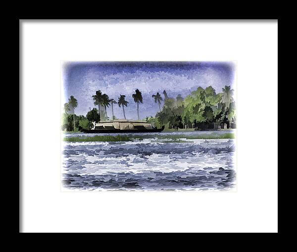 Backwater Framed Print featuring the digital art Digital Oil Painting - A houseboat on its quiet sojourn through the backwaters #5 by Ashish Agarwal