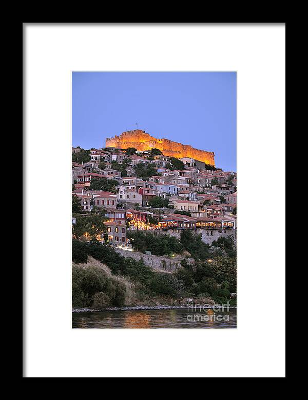 Lesvos; Lesbos; Molyvos; Molivos; Mithymna; Methymna; Village; Town; Port; Harbor; Castle; Fortress; Sea; Islands; Greece; Greek; Hellas; Aegean; Summer; Holidays; Vacation; Tourism; Touristic; Travel; Trip; Island Framed Print featuring the photograph Molyvos village during dusk time #6 by George Atsametakis