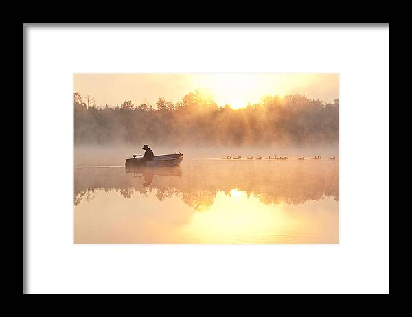 Landscape Framed Print featuring the photograph Sunrise in fog Lake Cassidy with fisherman in small fishing boat #1 by Jim Corwin