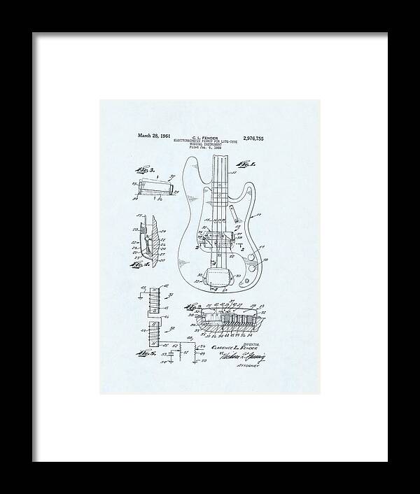 Electric Framed Print featuring the drawing Guitar Patent Drawing on blue background #5 by Steve Kearns