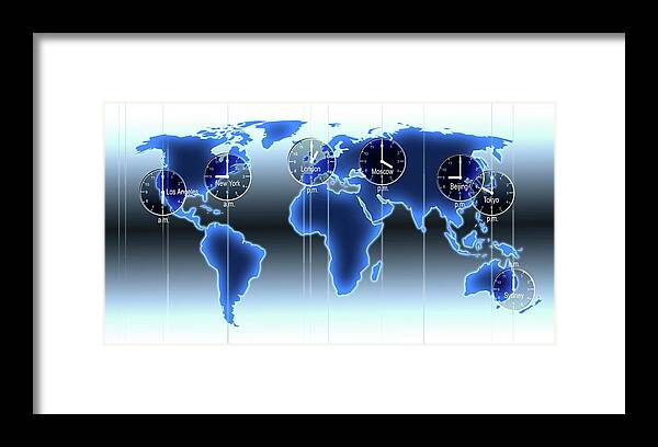 World Framed Print featuring the photograph World Map Illustration With Time Zones #5 by Alfred Pasieka