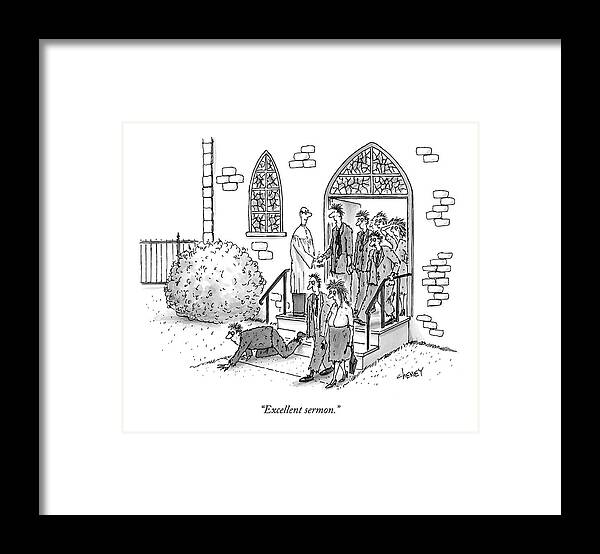 Religion Problems Framed Print featuring the drawing Excellent Sermon by Tom Cheney