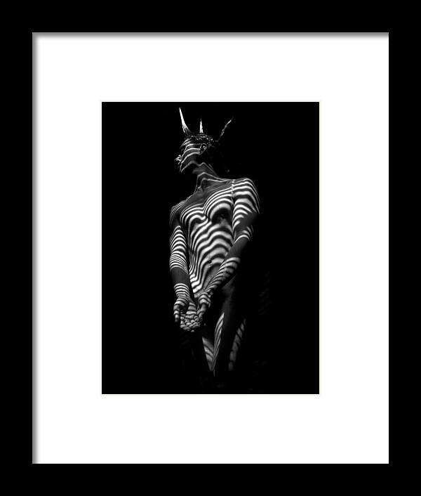 5812 Framed Print featuring the photograph 5812 Zebra Striped Male Body in Black and White by Chris Maher