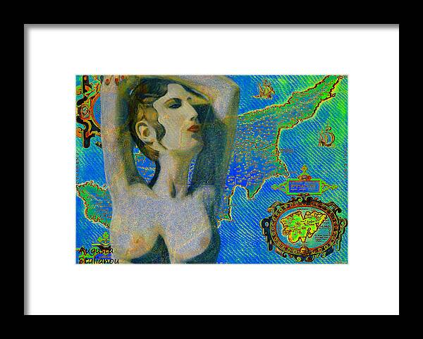 Augusta Stylianou Framed Print featuring the digital art Ancient Cyprus Map and Aphrodite #9 by Augusta Stylianou