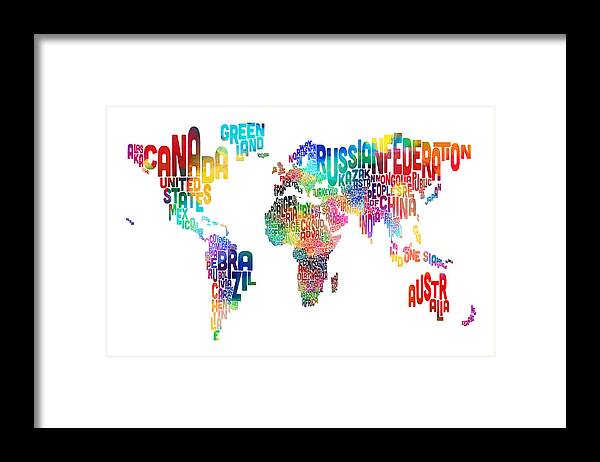 Map Of The World Framed Print featuring the digital art Text Map of the World #6 by Michael Tompsett