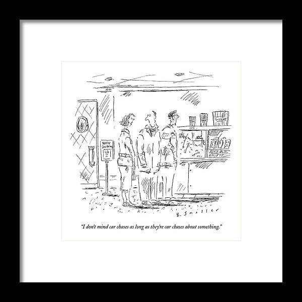 Movie Framed Print featuring the drawing I Don't Mind Car Chases As Long As They're Car by Barbara Smaller