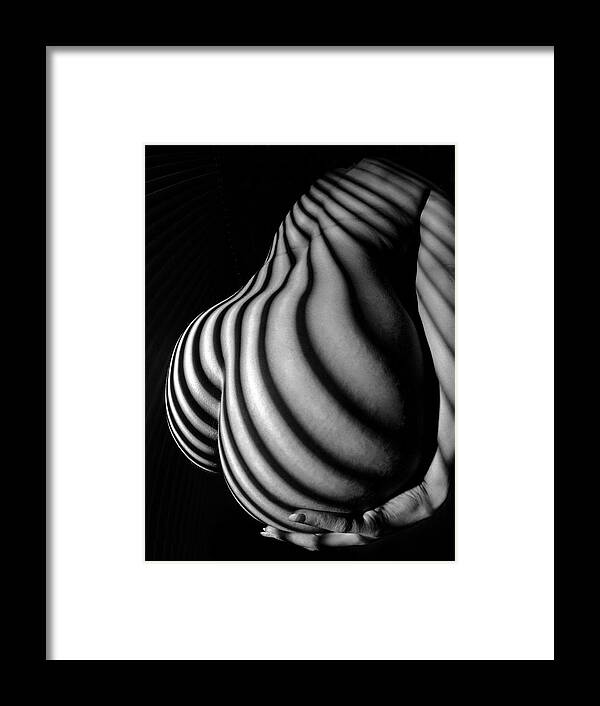 Curves Framed Print featuring the photograph 6777 Black White Nude Womans Curves Striped with Sunlight by Chris Maher