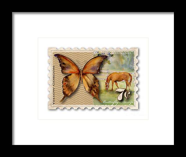Yellow Framed Print featuring the painting 7 Cent Butterfly Stamp by Amy Kirkpatrick