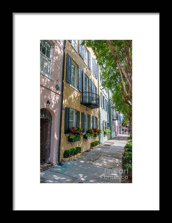 Rainbow Row Framed Print featuring the photograph Rainbow Row Sidewalk Strolling by Dale Powell