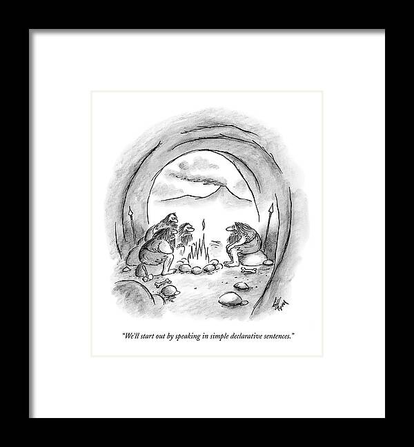 Prehistoric Framed Print featuring the drawing We'll Start Out By Speaking In Simple Declarative by Frank Cotham
