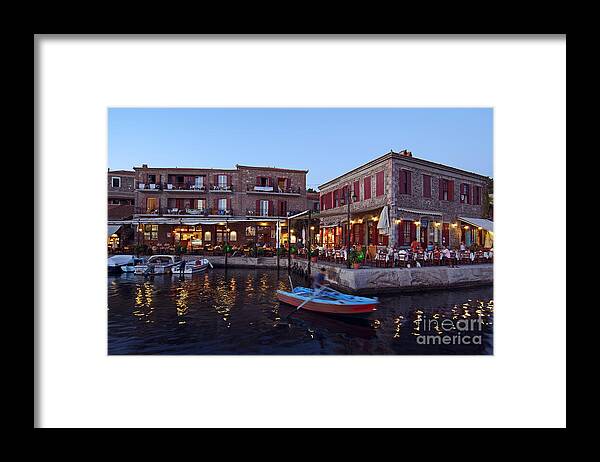 Lesvos; Lesbos; Molyvos; Molivos; Mithymna; Methymna; Village; Town; People; Tourists; Port; Harbor; Boat; Row; Rowing; Sea; Islands; Greece; Greek; Hellas; Aegean; Summer; Holidays; Vacation; Tourism; Touristic; Travel; Trip; Island Framed Print featuring the photograph Molyvos village during dusk time #15 by George Atsametakis