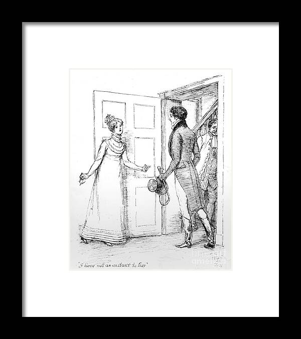 I Have Not An Instant To Lose; Illustration; Pride And Prejudice; Jane Austen; Edition; Illustrated; Elizabeth Bennet; Bennett; Mr; Darcy; Hurrying; Leaving; Lydia's; Elopement;eloped; Mr; Wickham; Distress; Distressed; Character; Lovers; Couple; Regency; Georgian; Costume; Sister's; Scandal Framed Print featuring the drawing Scene from Pride and Prejudice by Jane Austen by Hugh Thomson