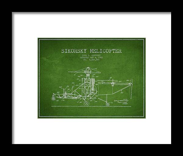 Helicopter Framed Print featuring the digital art Sikorsky Helicopter patent Drawing from 1943 #6 by Aged Pixel