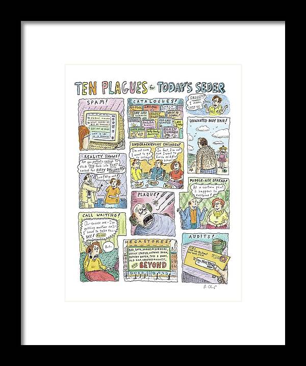 Captionless: 10 Plagues. Passover Framed Print featuring the drawing New Yorker April 13th, 2009 by Roz Chast