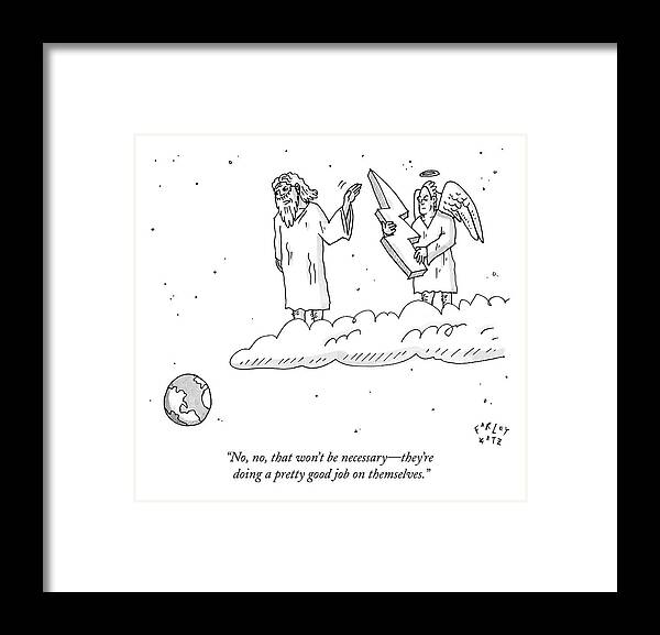 Zeus Framed Print featuring the drawing No, No, That Won't Be Necessary - They're Doing by Farley Katz