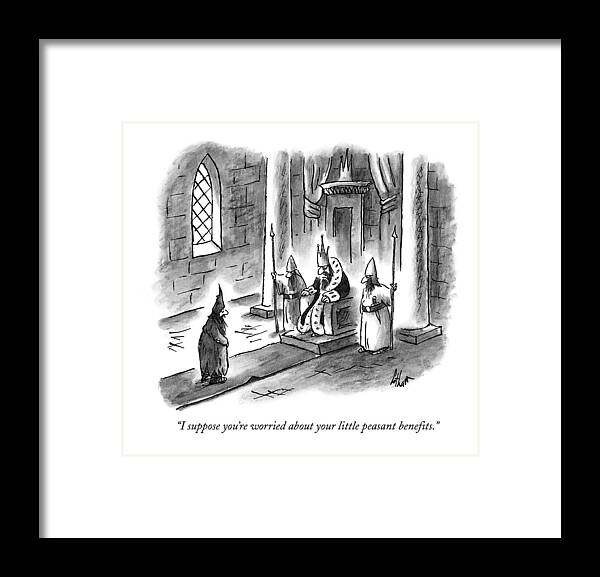 Benefits Framed Print featuring the drawing I Suppose You're Worried About Your Little by Frank Cotham