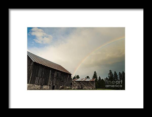 Rainbow Framed Print featuring the photograph A Barn O'Gold by Cheryl Baxter